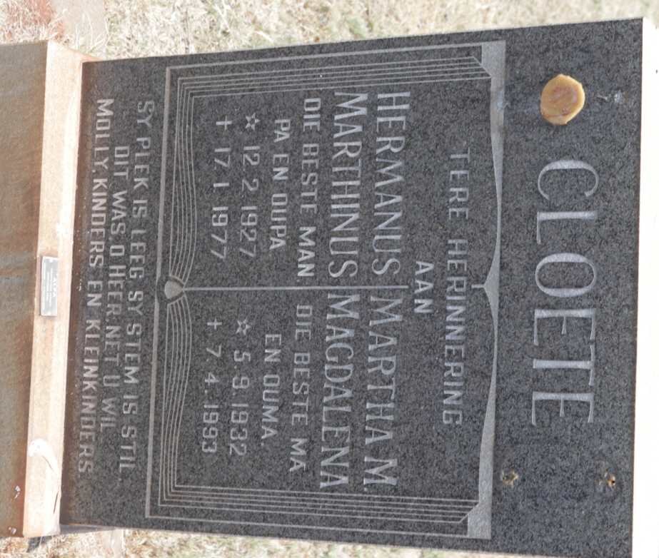 CLOETE Hermanus Marthinus 1927-1977 &amp; Martha M. Magdalena 1932-1993