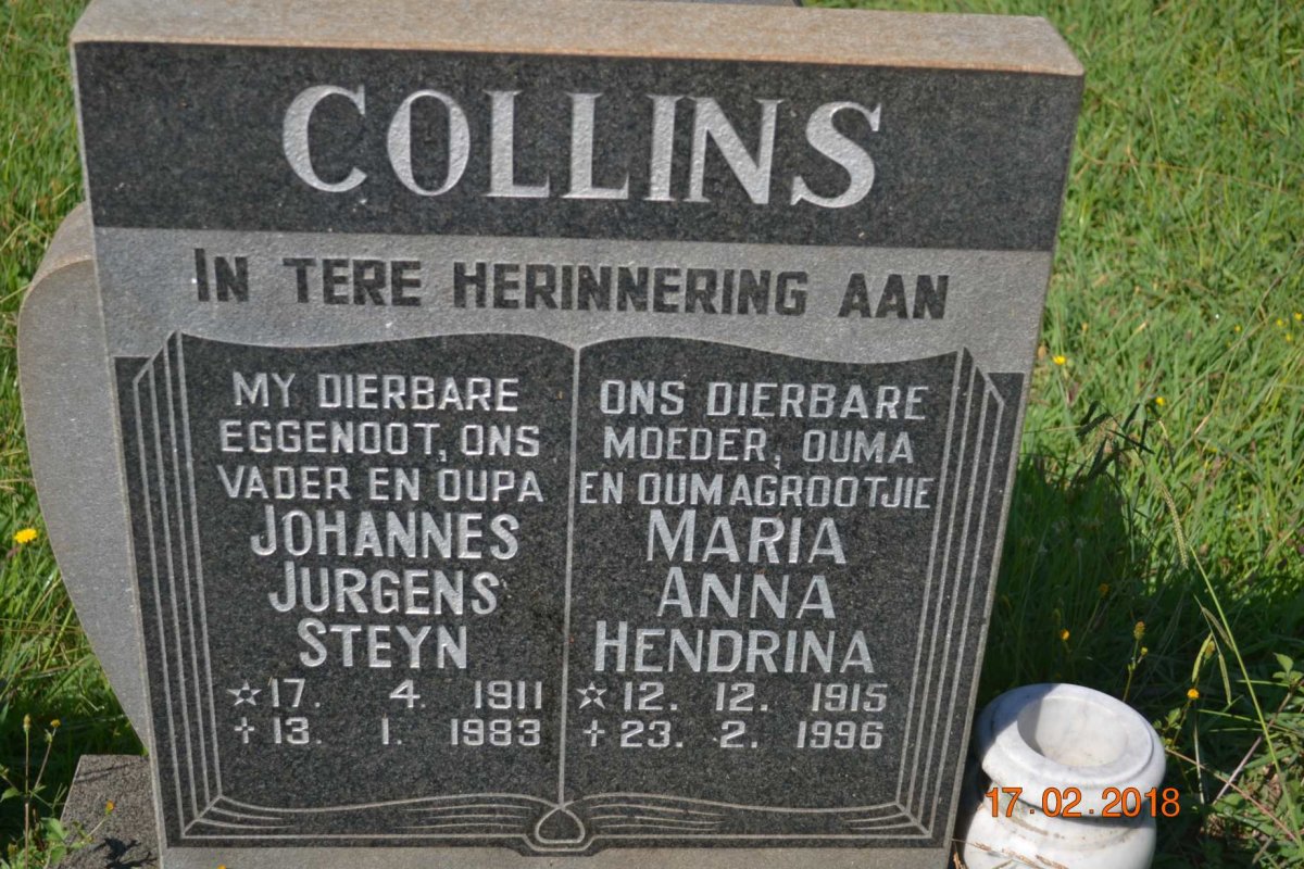 COLLINS Johannes Jurgens Steyn 1911-1983 &amp; Maria Anna Hendrina 1915-1996