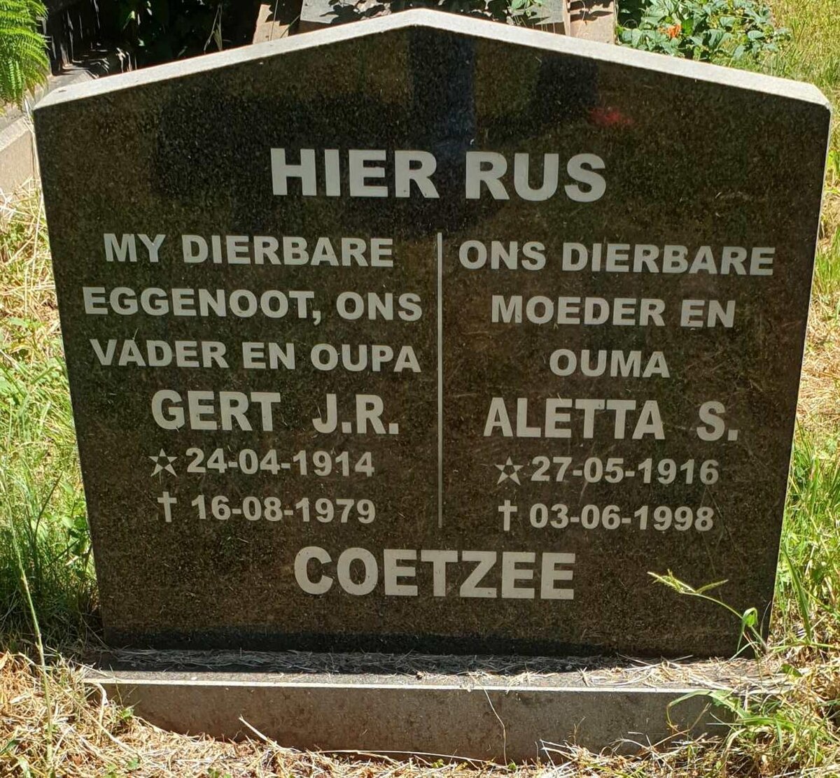 COETZEE Gert J.R. 1914-1979 &amp; Aletta S. 1916-1998