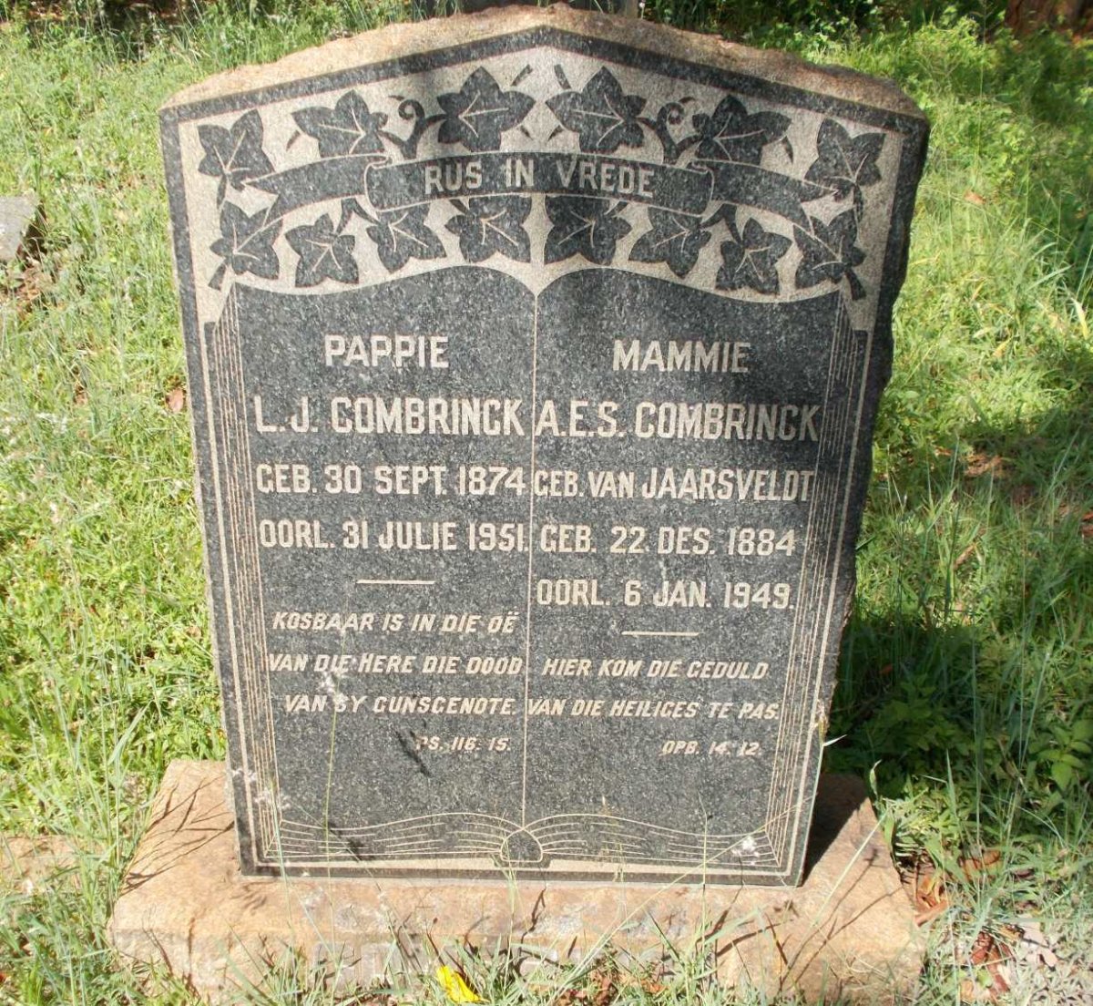 COMBRINCK L.J. 1874-1951 &amp; A.E.S. VAN JAARSVELDT 1884-1949