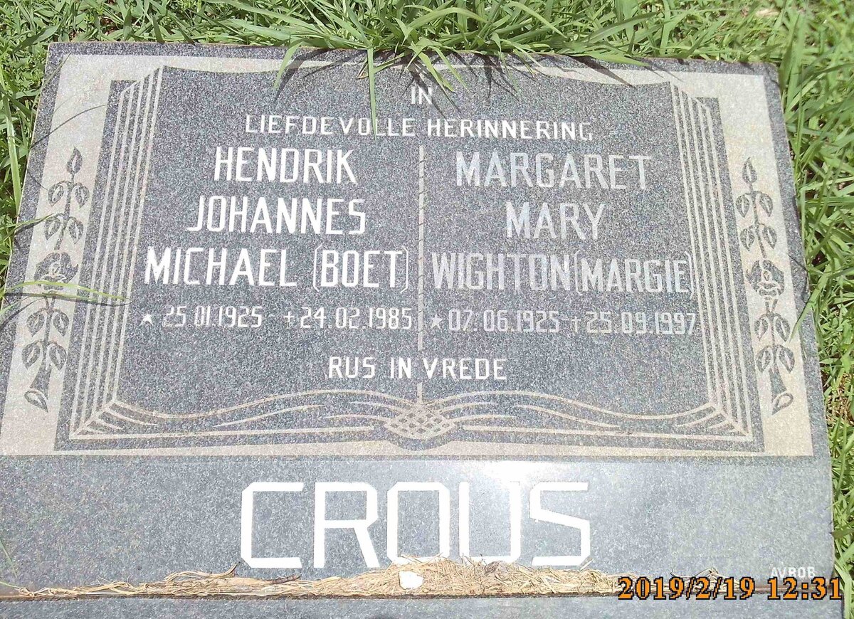 CROUS Hendrik Johannes Michael 1925-1985 &amp; Margaret Mary WIGHTON 1925-1997
