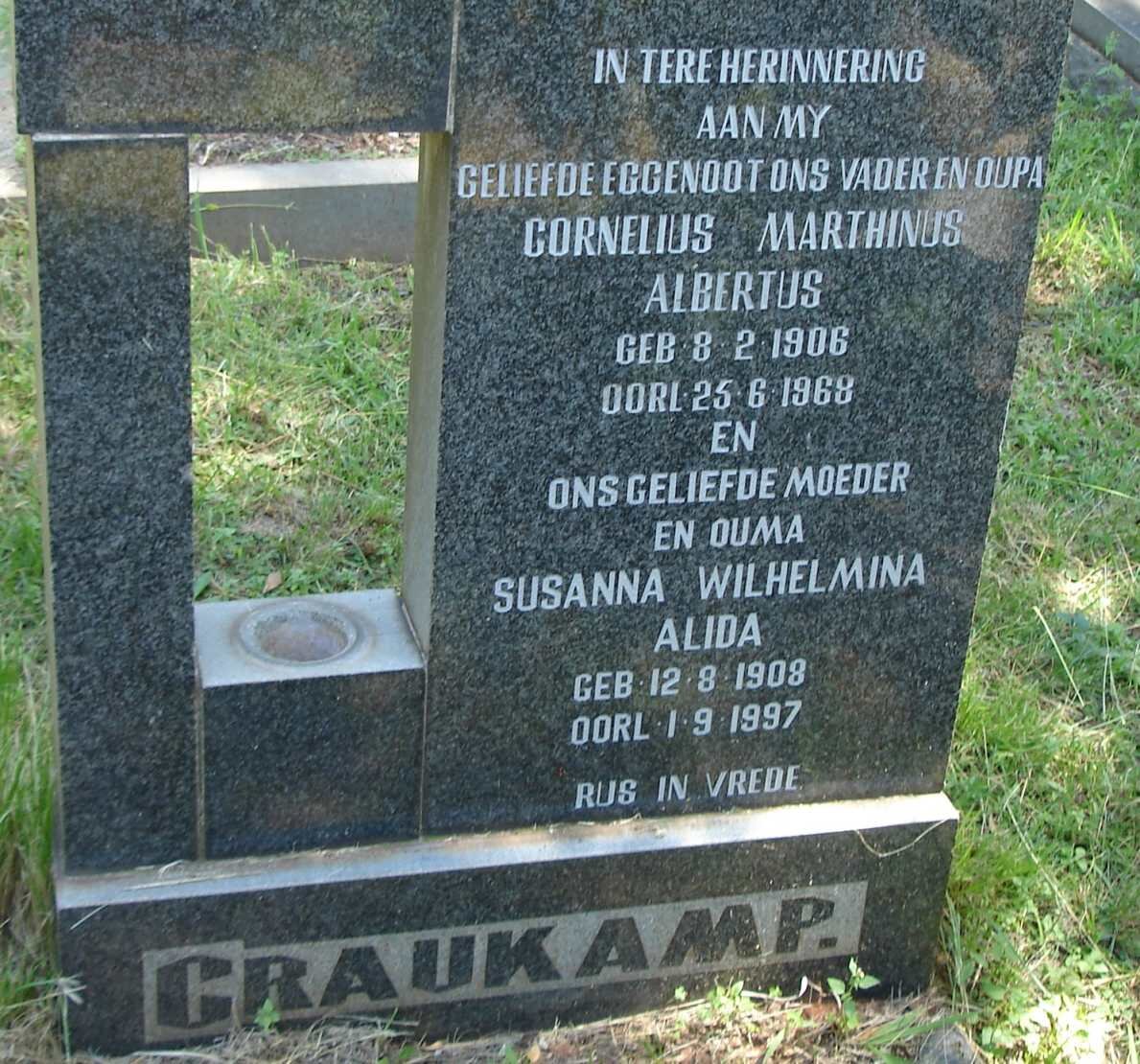 CRAUKAMP Cornelius Marthinus Albertus 1906-1968 &amp; Susanna Wilhelmina Alida 1908-1997