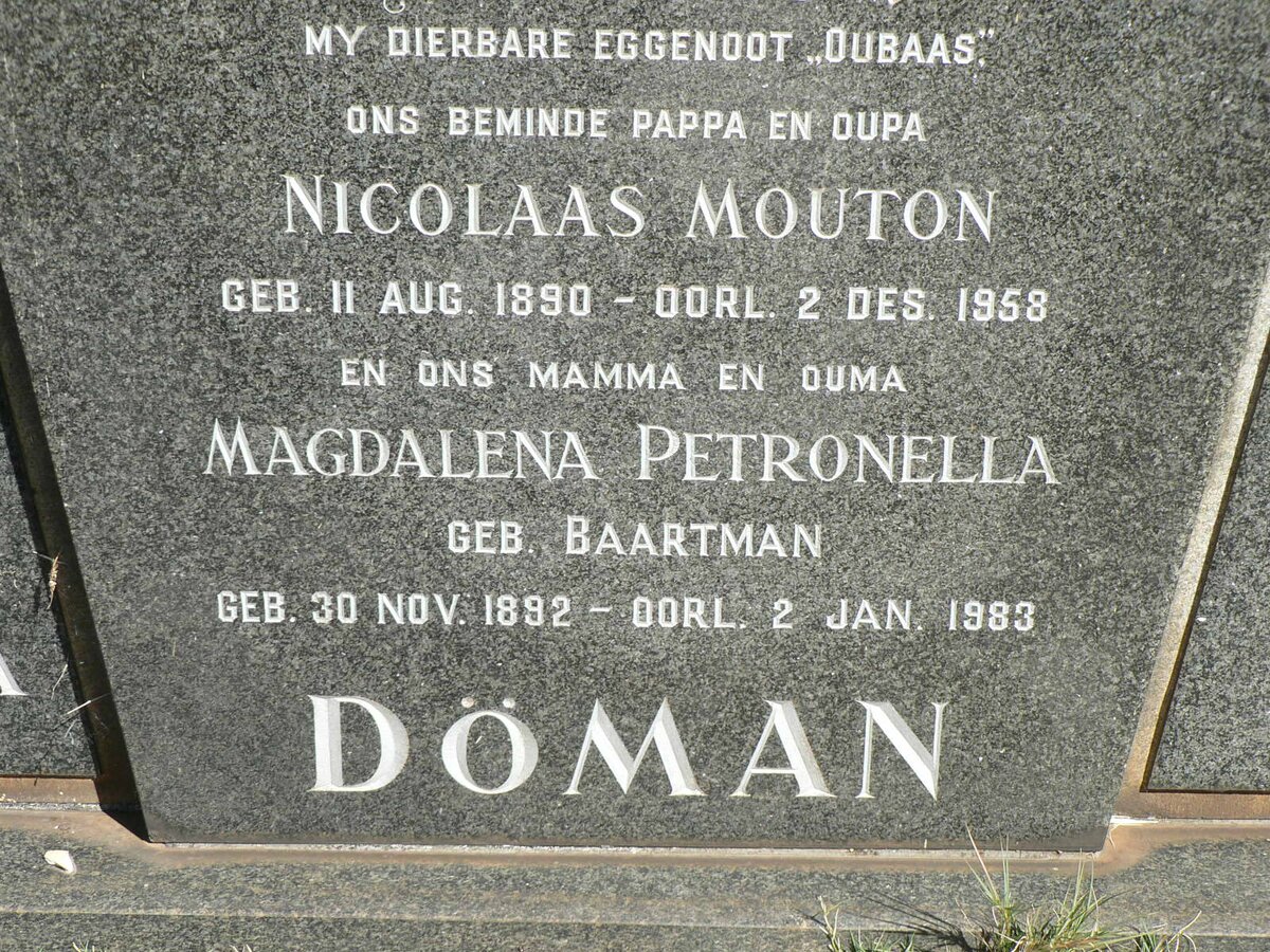 DÖMAN Nicolaas Mouton 1890-1958 &amp; Magdalena Petronella BAARTMAN 1892-1983