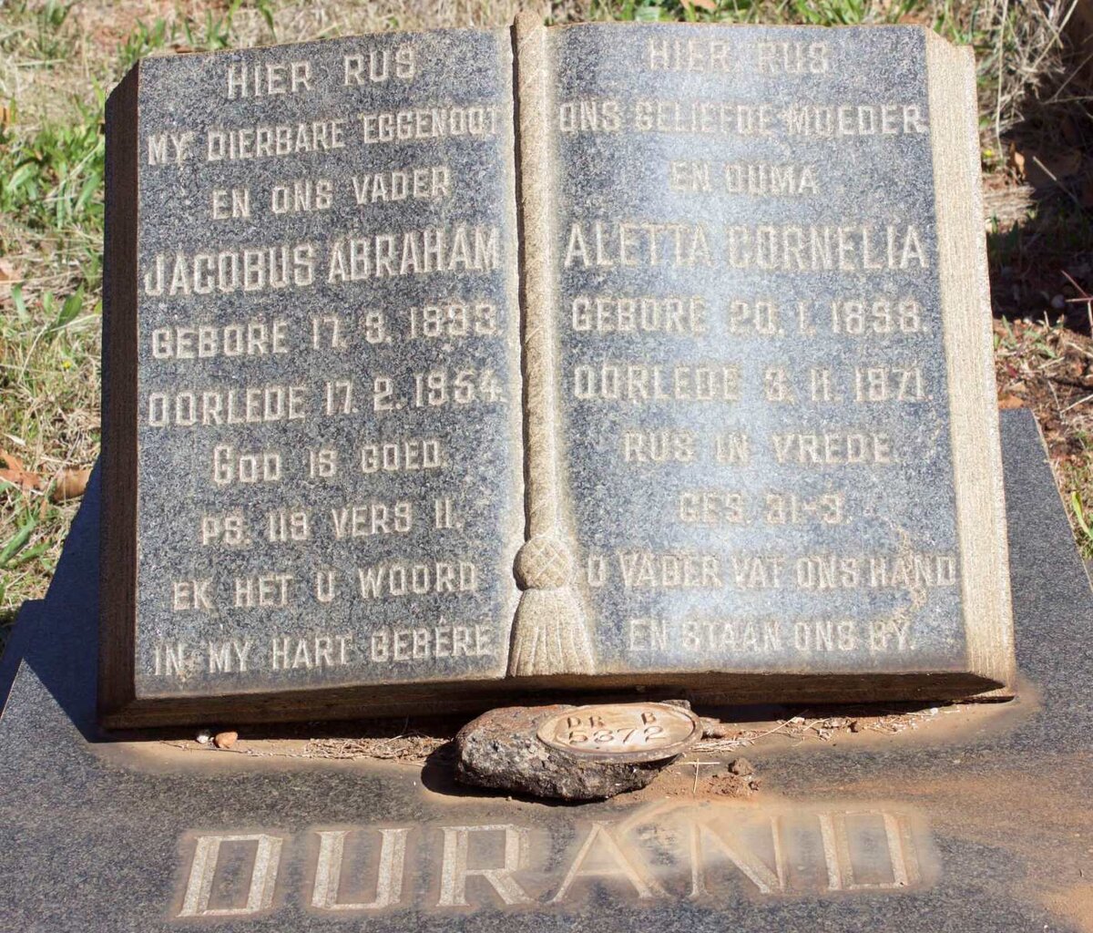 DURAND Jacobus Abraham 1893-1954 &amp; Aletta Cornelia 1898-1971