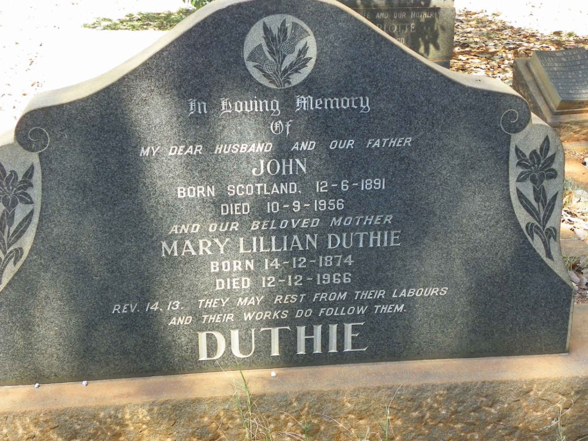 DUTHIE John 1891-1956 :: DUTHIE Mary Lillian 1874-1966