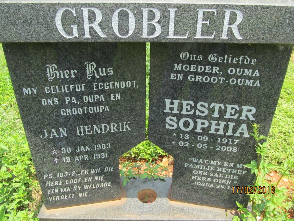GROBLER Jan Hendrik 1903-1991 &amp; Hester Sophia 1917-2008