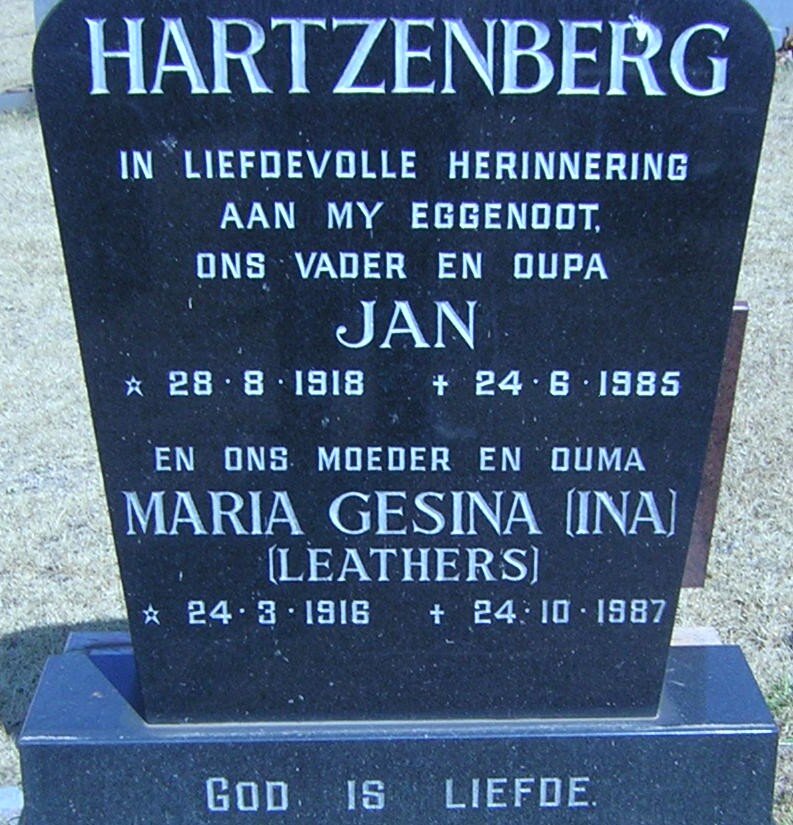 HARTZENBERG Jan 1918-1985 &amp; Maria Gesina LEATHERS 1916-1987