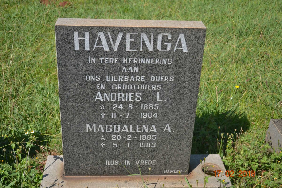 HAVENGA Andries L. 1885-1984 &amp; Magdalena A. 1885-1983