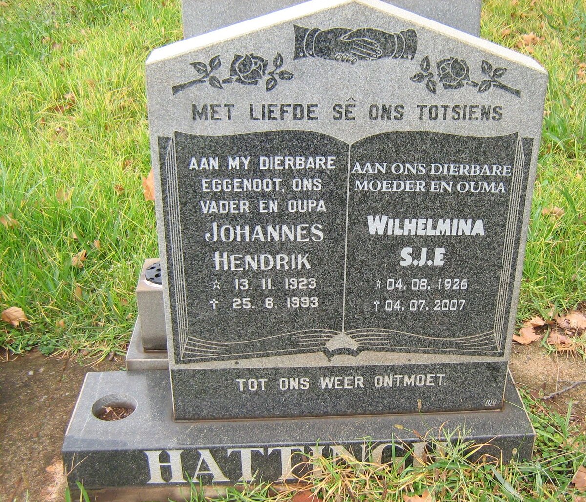 HATTINGH Johannes Hendrik 1923-1993 &amp; Wilhelmina S.J.E. 1926-2007
