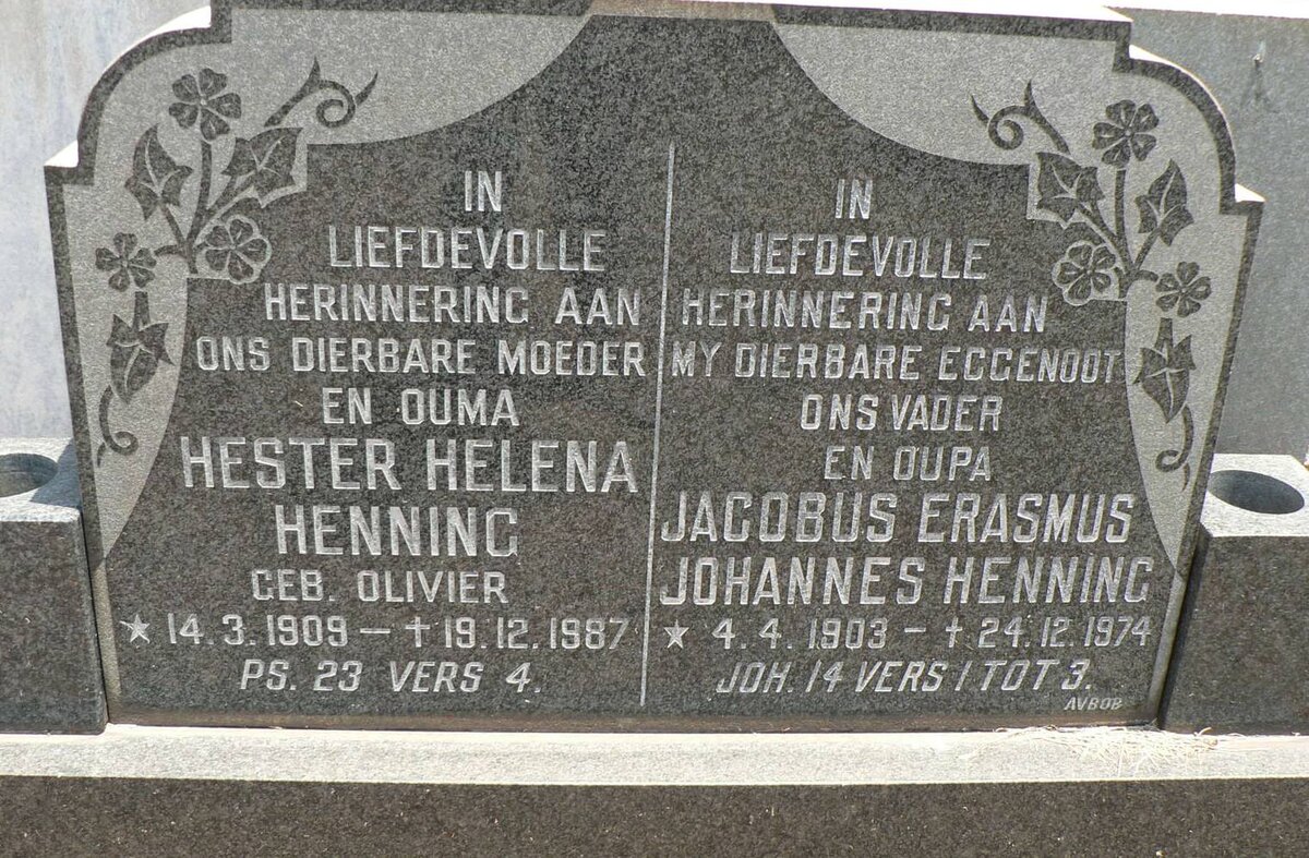 HENNING Jacobus Erasmus Johannes 1903-1974 &amp; Hester Helena OLIVIER 1909-1987