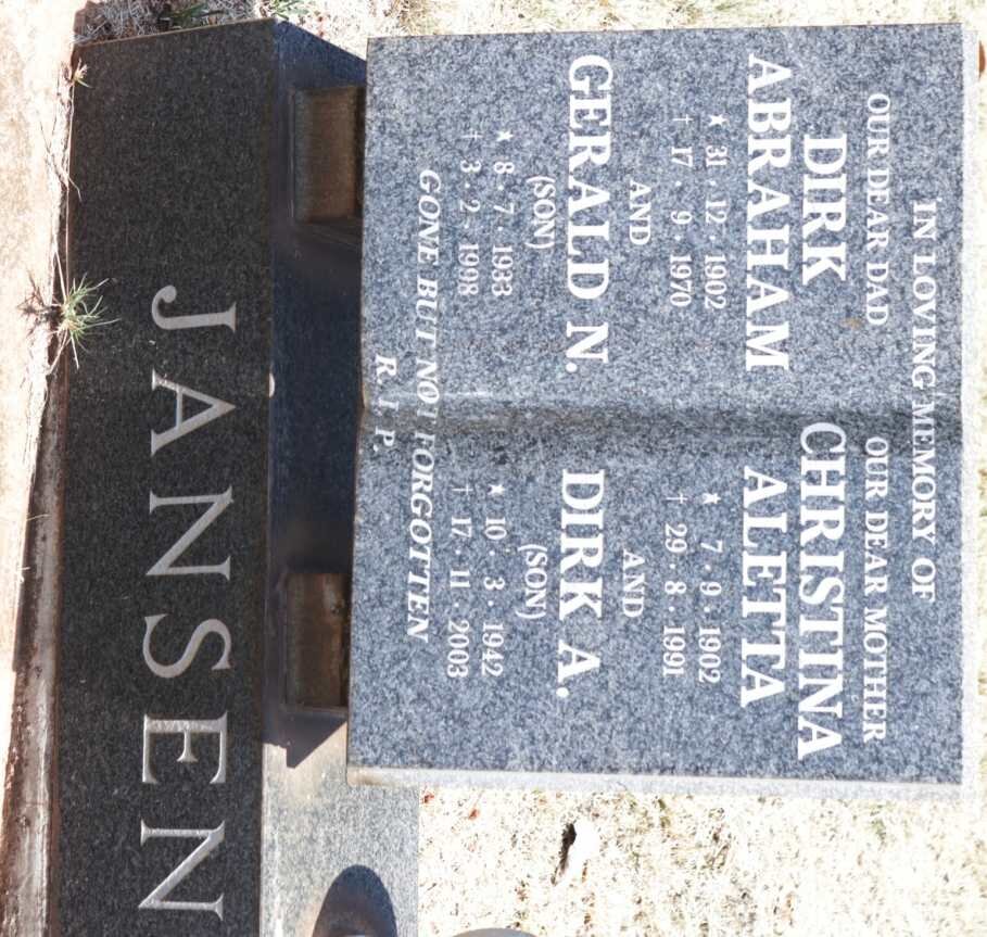 JANSEN Dirk Abraham 1902-1970 &amp; Christina Aletta 1902-1991 :: JANSEN Gerald N. 1933-1998 :: JANSEN Dirk A. 1942-2003