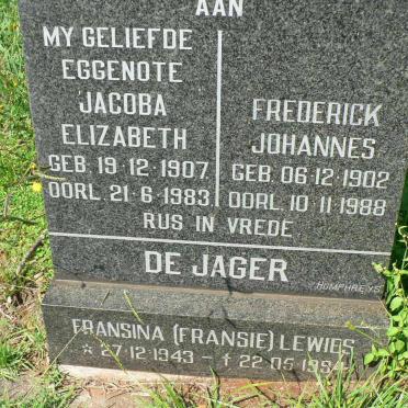 JAGER Frederick Johannes, de 1902-1988 &amp; Jacoba Elizabeth 1907-1983 :: LEWIES Fransina 1943-1994