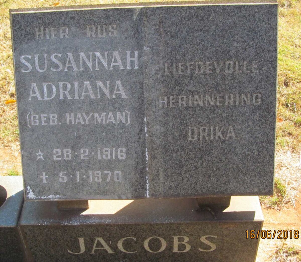 JACOBS Susannah Adriana nee HAYMAN 1916-1970