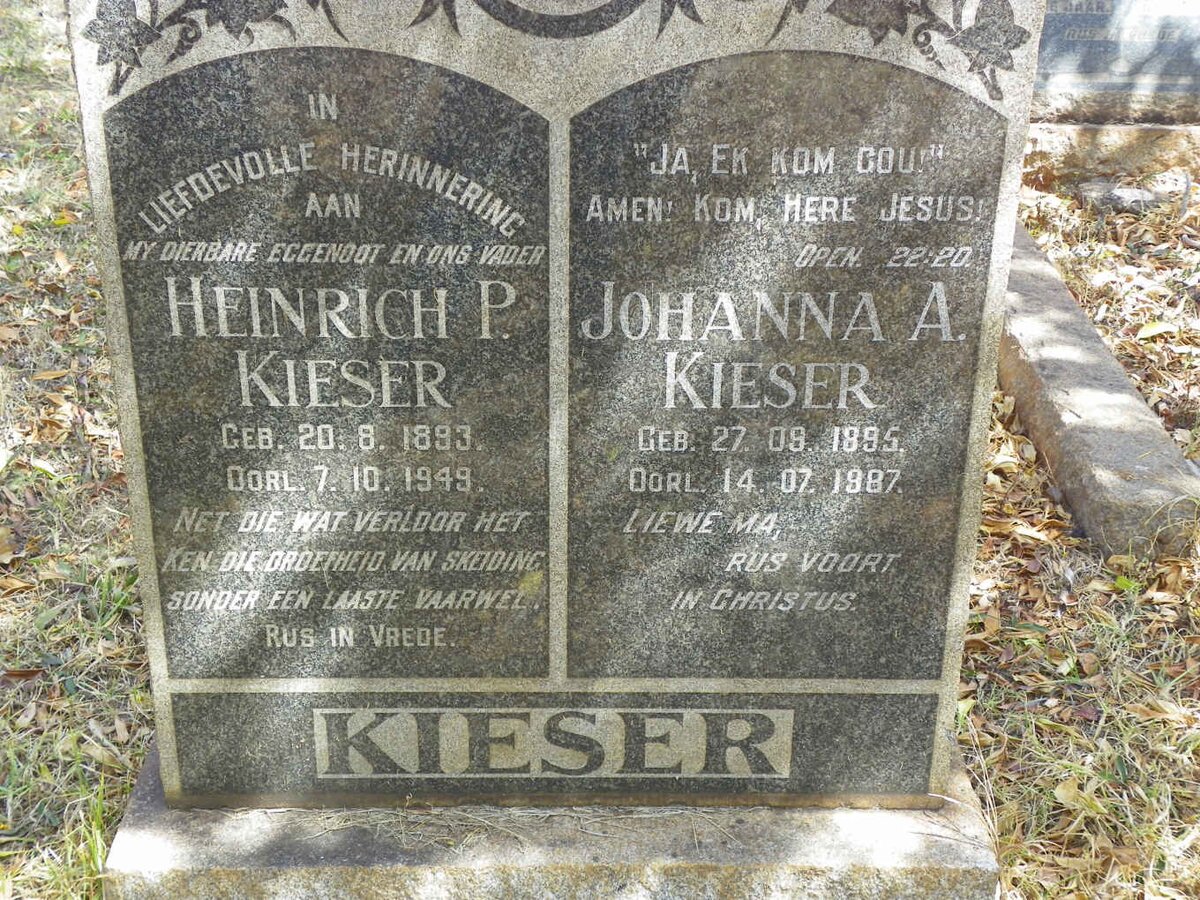 KIESER Heinrich P, 1893-1949 &amp; Johanna A. 1895-1987