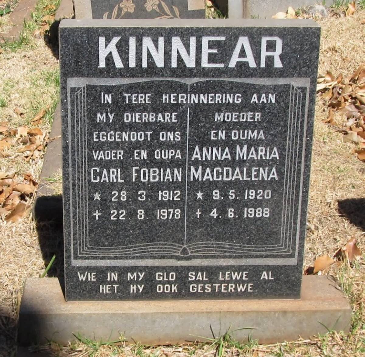 KINNEAR Carl Fobian 1912-1978 &amp; Anna Maria Magdalena 1920-1988