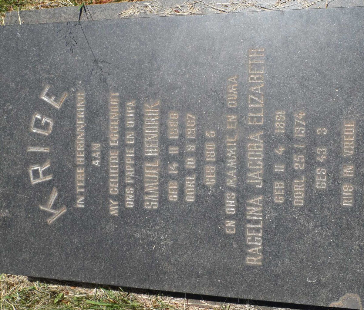 KRIGE Samuel Hendrik 1886-1967 &amp; Ragelina Jacoba Elizabeth 1891-1974