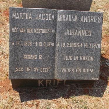 KRIEL Abraham Andries Johannes 1895-1978 &amp; Martha Jacoba VAN DER WESTHUIZEN 1906-1970