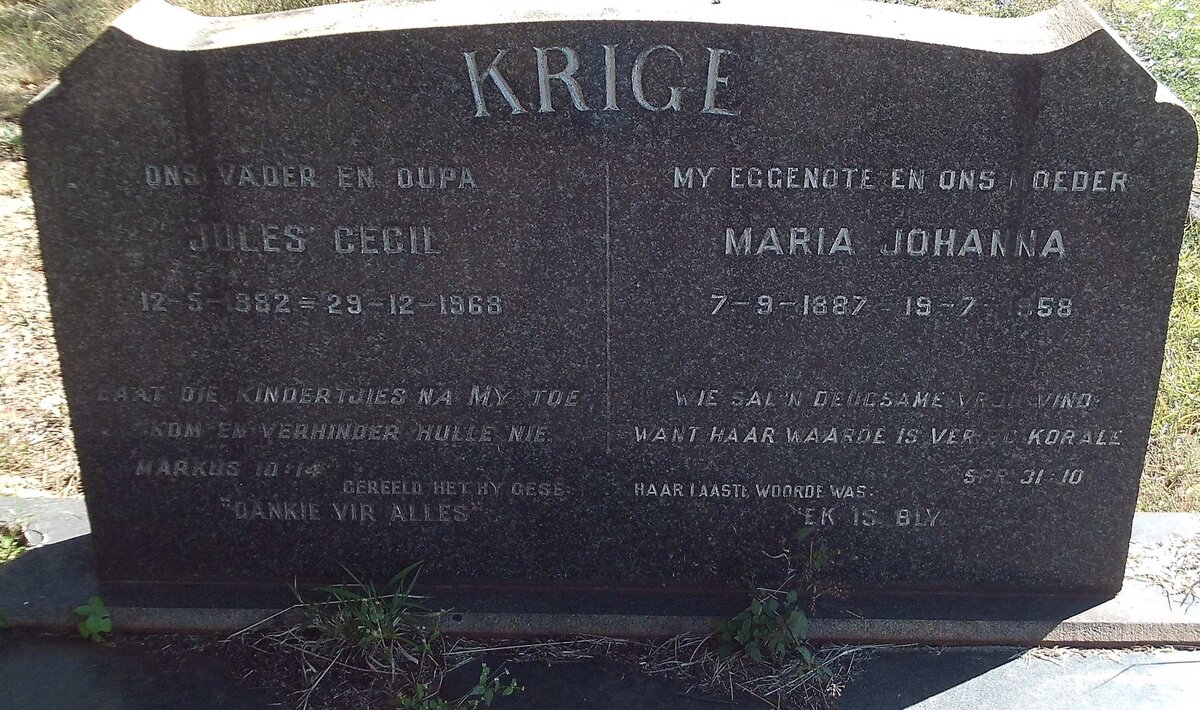 KRIGE Jules Cecil 1882-1968 &amp; Maria Johanna 1887-1958