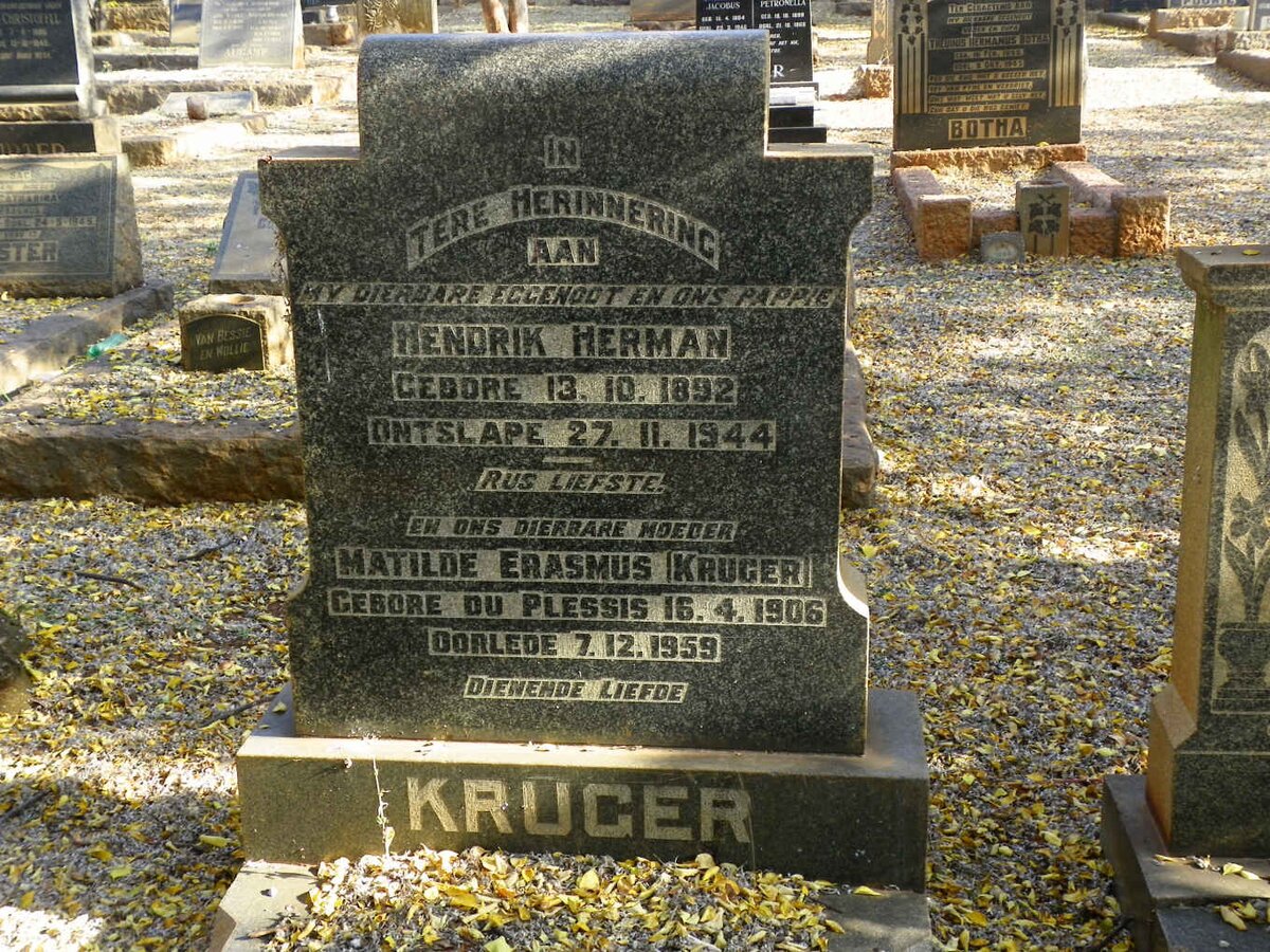 KRUGER Hendrik Herman 1892-1944 &amp; Matilde ERASMUS nee DU PLESSIS 1906-1959