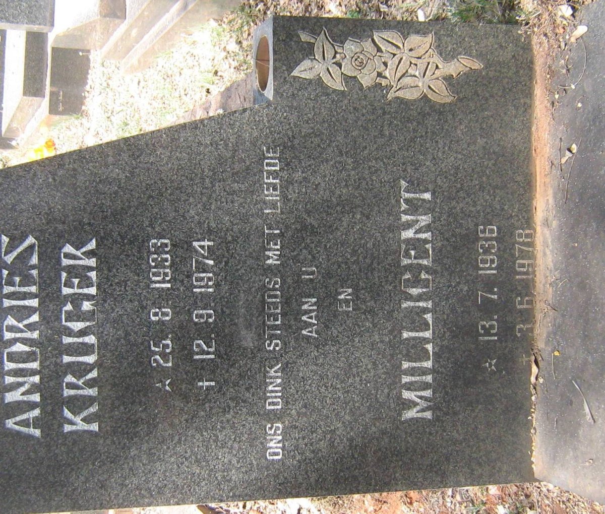 KRUGER Andries 1933-1974 &amp; Millicent 1936-1978