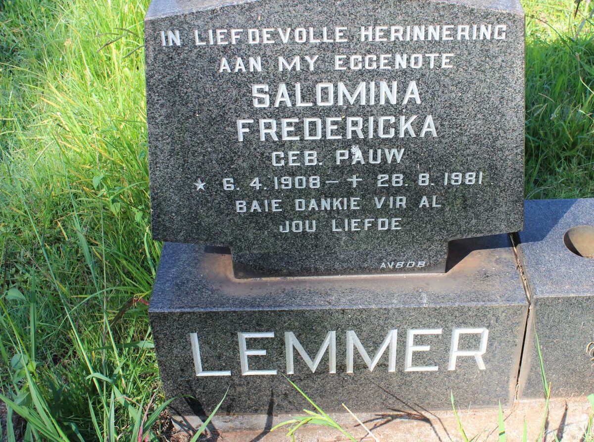 LEMMER Salomina Fredericka nee PAUW 1908-1981