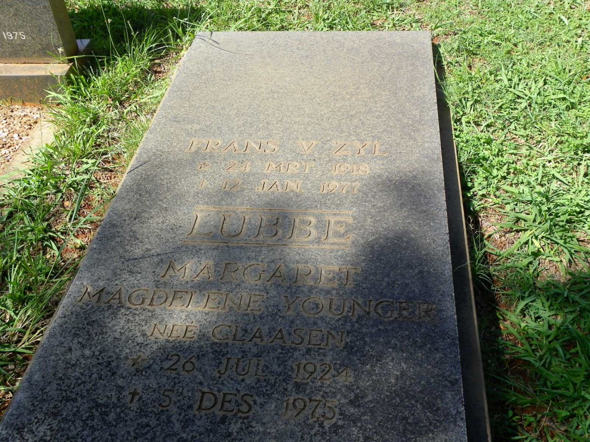 LUBBE Frans van Zyl 1918-1977 &amp; Margaret Magdelene Younger CLAASEN 1924-1975