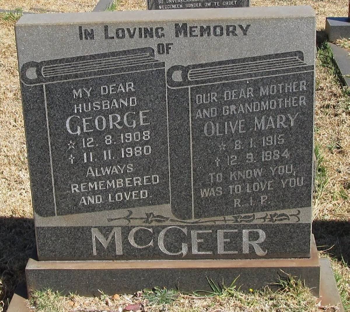 McGEER George 1908-1980 &amp; Olive Mary 1915-1984
