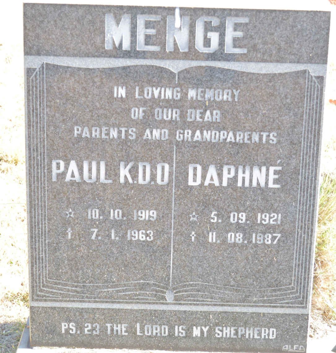 MENGE Paul K.D.O. 1919-1963 &amp; Daphne 1921-1987