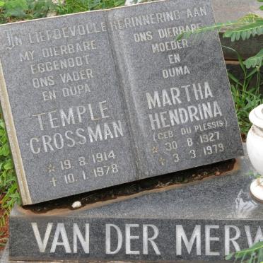 MERWE Temple Crossman, van der 1914-1978 &amp; Martha Hendrina DU PLESSIS 1927-1979