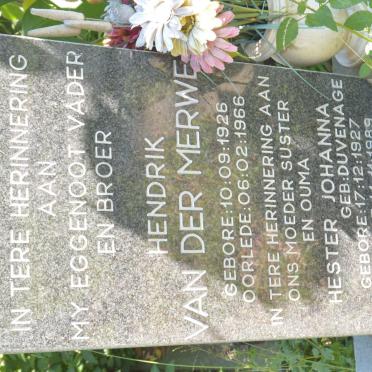 MERWE Hendrik, van der 1926-1966 &amp; Hester Johanna DUVENAGE 1927-1989