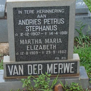 MERWE Andries Petrus Stephanus, van der 1907-1981 &amp; Martha Maria Elizabeth 1909-1982