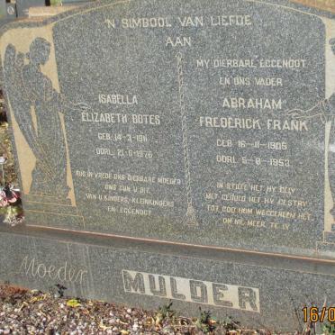 MULDER Abraham Frederick Frank 1905-1953 &amp; Isabella Elizabeth BOTES 1911-1976