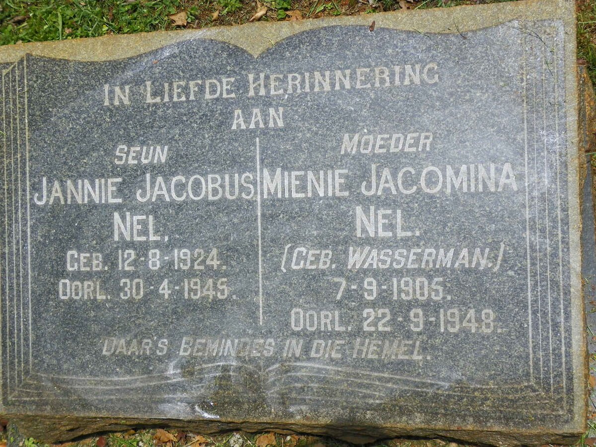 NEL Mienie Jacomina nee WASSERMAN 1905-1948 :: NEL Jannie Jacobus 1924-1945