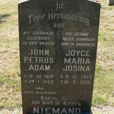 NIEMAND John Petrus Adam 1914-1962 &amp; Joyce Maria Josina 1919-2001