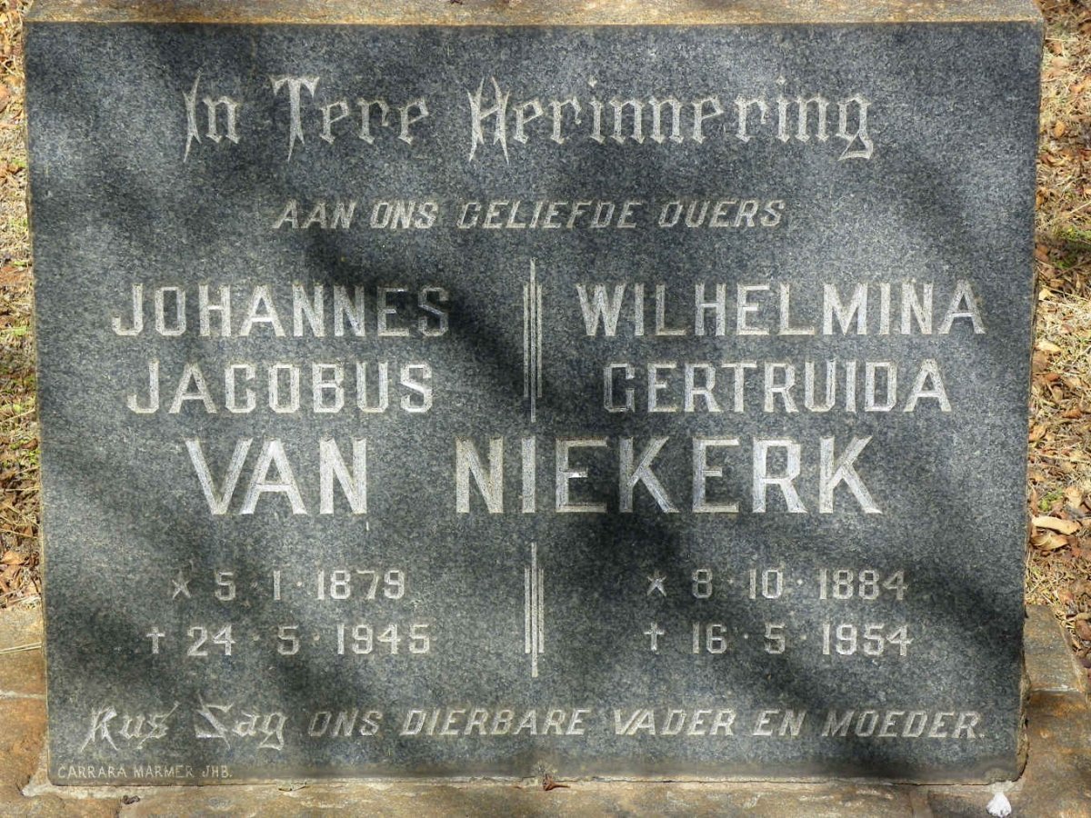 NIEKERK Johannes Jacobus, van 1879-1945 &amp; Wilhelmina Gertruida 1884-1954