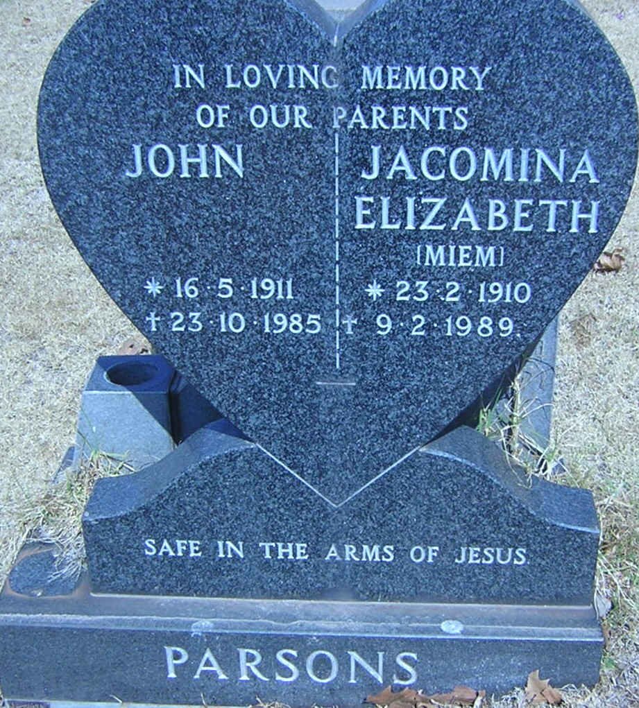 PARSONS John 1911-1985 &amp; Jacomina Elizabeth 1910-1989