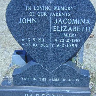 PARSONS John 1911-1985 &amp; Jacomina Elizabeth 1910-1989