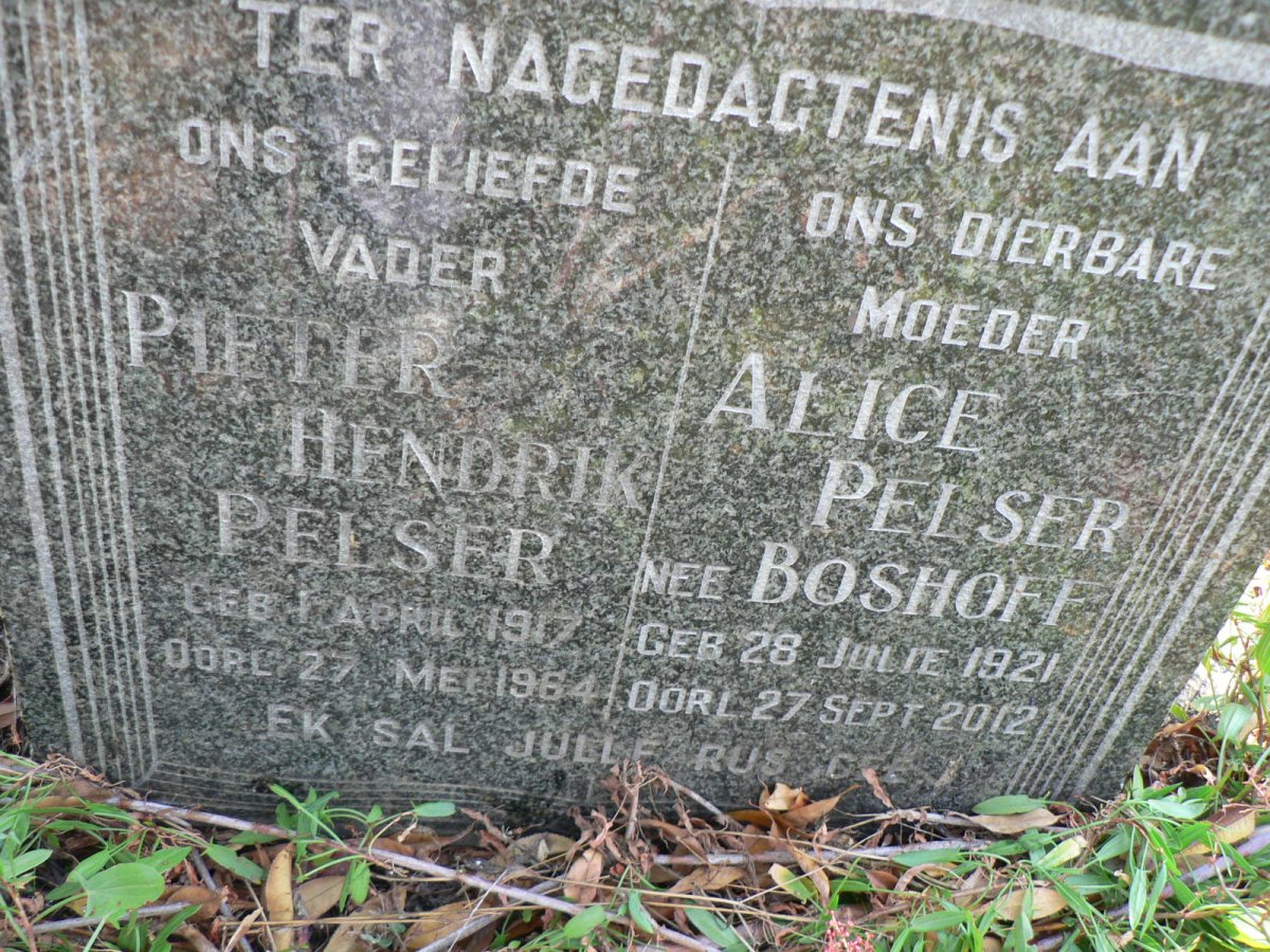 PELSER Pieter Hendrik 1917-1964 &amp; Alice BOSHOFF 1921-?