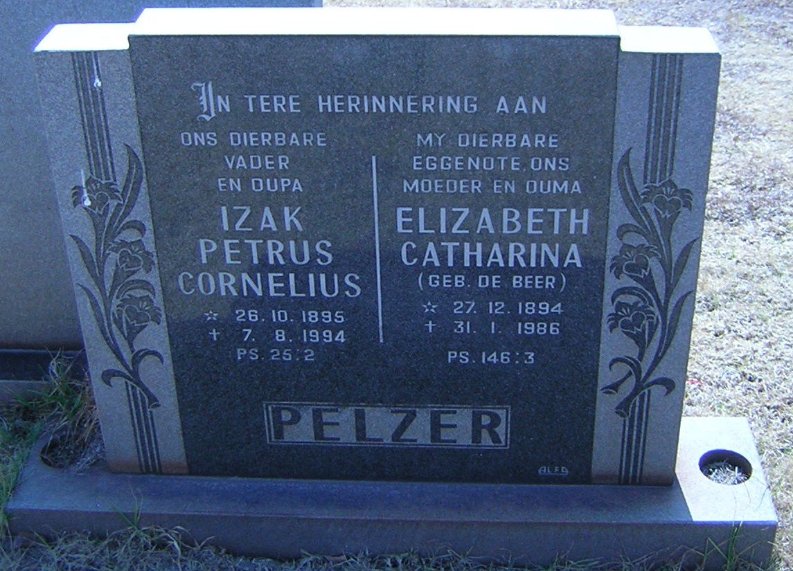 PELZER Izak Petrus Cornelius 1895-1994 &amp; Elizabeth Catharina DE BEER 1894-1986