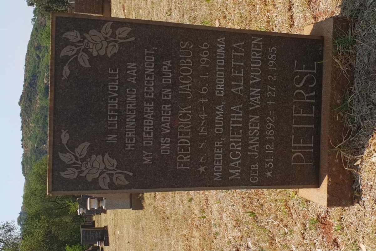 PIETERSE Frederick Jacobus 1884-1966 &amp; Magrietha Aletta JANSEN VAN VUUREN 1892-1985