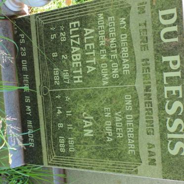 PLESSIS Jan, du 1910-1988 &amp; Aletta Elizabeth 1917-1982