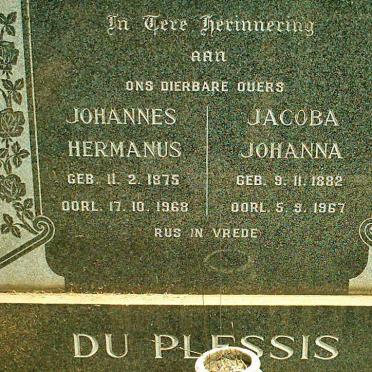 PLESSIS Johannes Hermanus, du 1875-1968 &amp; Jacoba Johanna 1882-1967