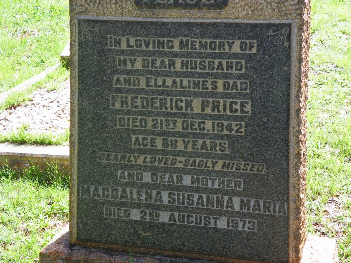 PRICE Frederick -1942 &amp;  Magdalena Susanna Maria -1973