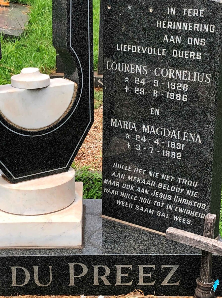 PREEZ Lourens Cornelius, du 1926-1986 &amp; Maria Magdalena 1931-1992