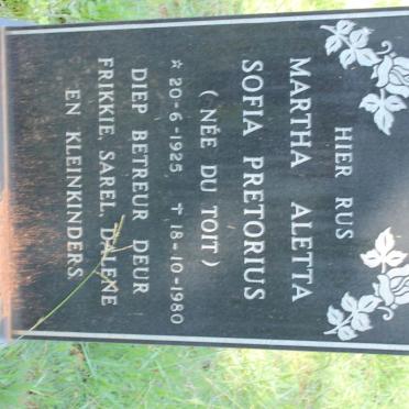 PRETORIUS Martha Aletta Sofia nee DU TOIT 1925-1980