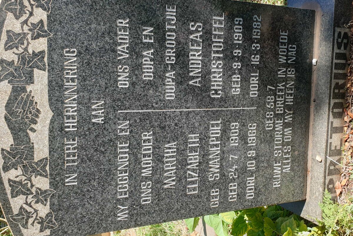 PRETORIUS Andreas Christoffel 1909-1982 &amp; Martha Elizabeth SWANEPOEL 1909-1966