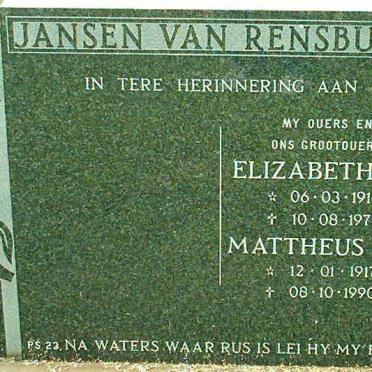 RENSBURG Mattheus N.J., Jansen van 1917-1990 &amp; Elizabeth F.J. 1916-1979