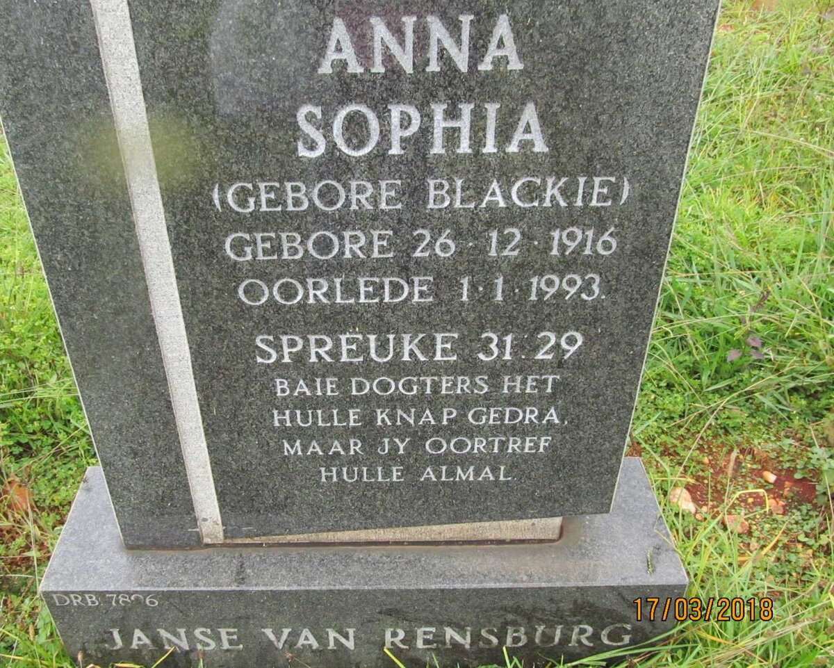 RENSBURG Anna Sophia, Janse van nee BLACKIE 1916-1993