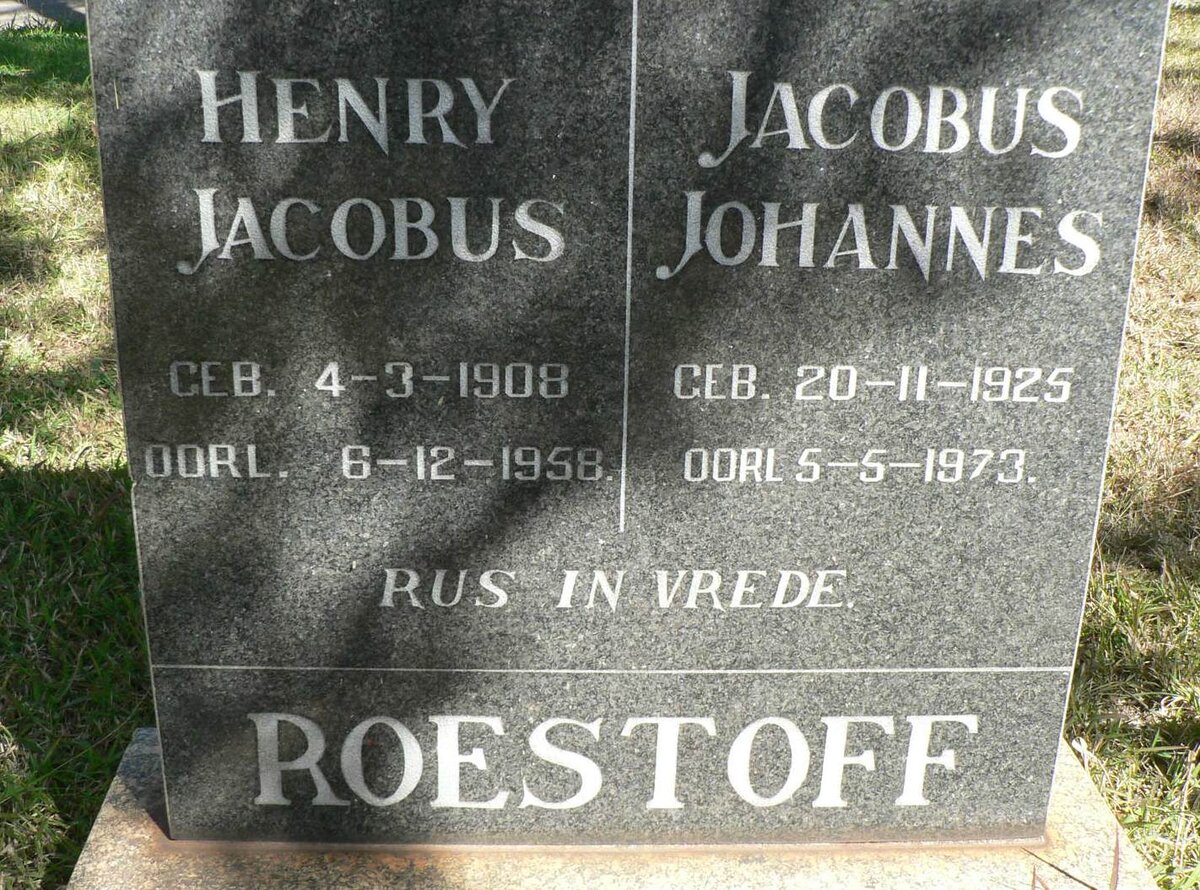 ROESTOFF Henry Jacobus 1908-1958 :: ROESTOFF Jacobus Johannes 1925-1973