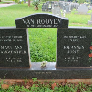 ROOYEN Johannes Jurie, van 1917-1996 &amp; Mary Ann FAIRWEATHER 1922-1992